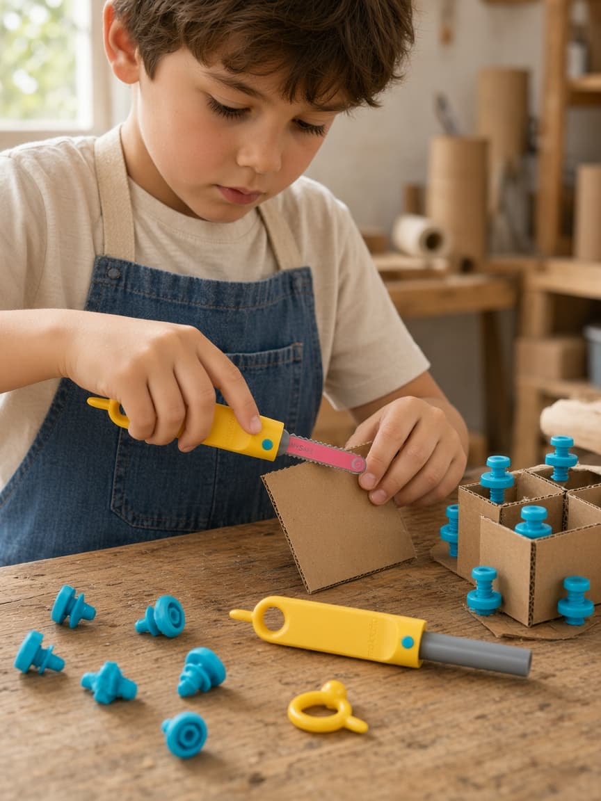 Dítě konstruuje geometrickou stavbu z kartonu ve světlé dílně